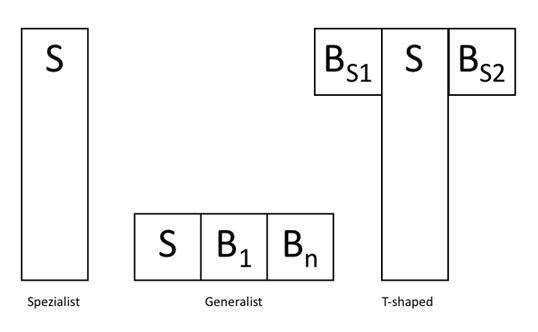 Bild 1: Die Fähigkeitsprofile Spezialist, Generalist und T-shaped-Persönlichkeit. S steht für Spezialwissen, B für Breitenwissen, Bs für auf das Spezialgebiet ausgerichtetes Breitenwissen, nach Heinemann 2010