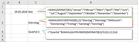 Monatsnamen, Wochentag oder das Quartal eines Datums berechnen