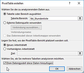 Beim Erstellen einer Pivot-Tabelle können Sie die Daten zusätzlich dem Datenmodell zufügen