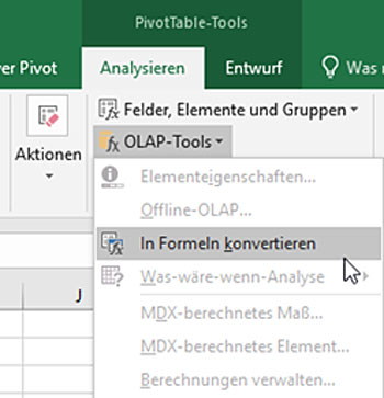 Sofern die Pivot-Tabelle auf einem Datenmodell basiert, kann sie in Formeln konvertiert werden