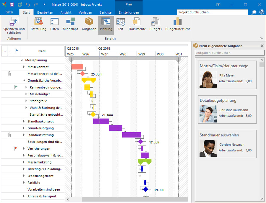 Der Terminplan mit den Projektaufgaben in InLoox für Outlook