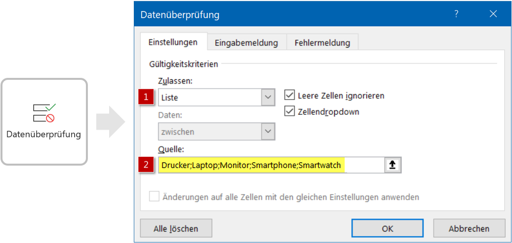 Wenn es schnell gehen soll, keine Änderungen zu erwarten sind und es nur um wenige Einträge geht, lassen sich die Daten für die Dropdownliste per Semikolon getrennt direkt in das Dialogfeld eintragen