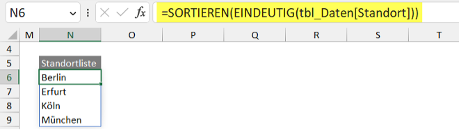 Bild 2: Die Daten für das Dropdownfeld mit Hilfe der Arrayfunktionen EINDEUTIG und SORTIEREN anlegen