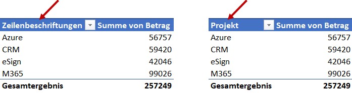 Links die ungeeignete Bezeichnung Zeilenbeschriftungen als Spaltenüberschrift und rechts die Bezeichnung für die Spalte, die auch in der Datenquelle hinterlegt ist