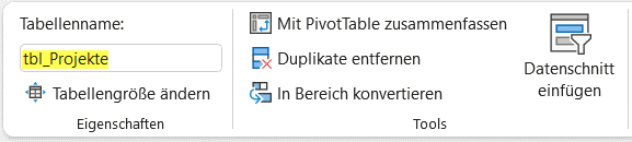 Bild 4: Ganz links auf der Registerkarte geben Sie der Tabelle einen sprechenden Namen