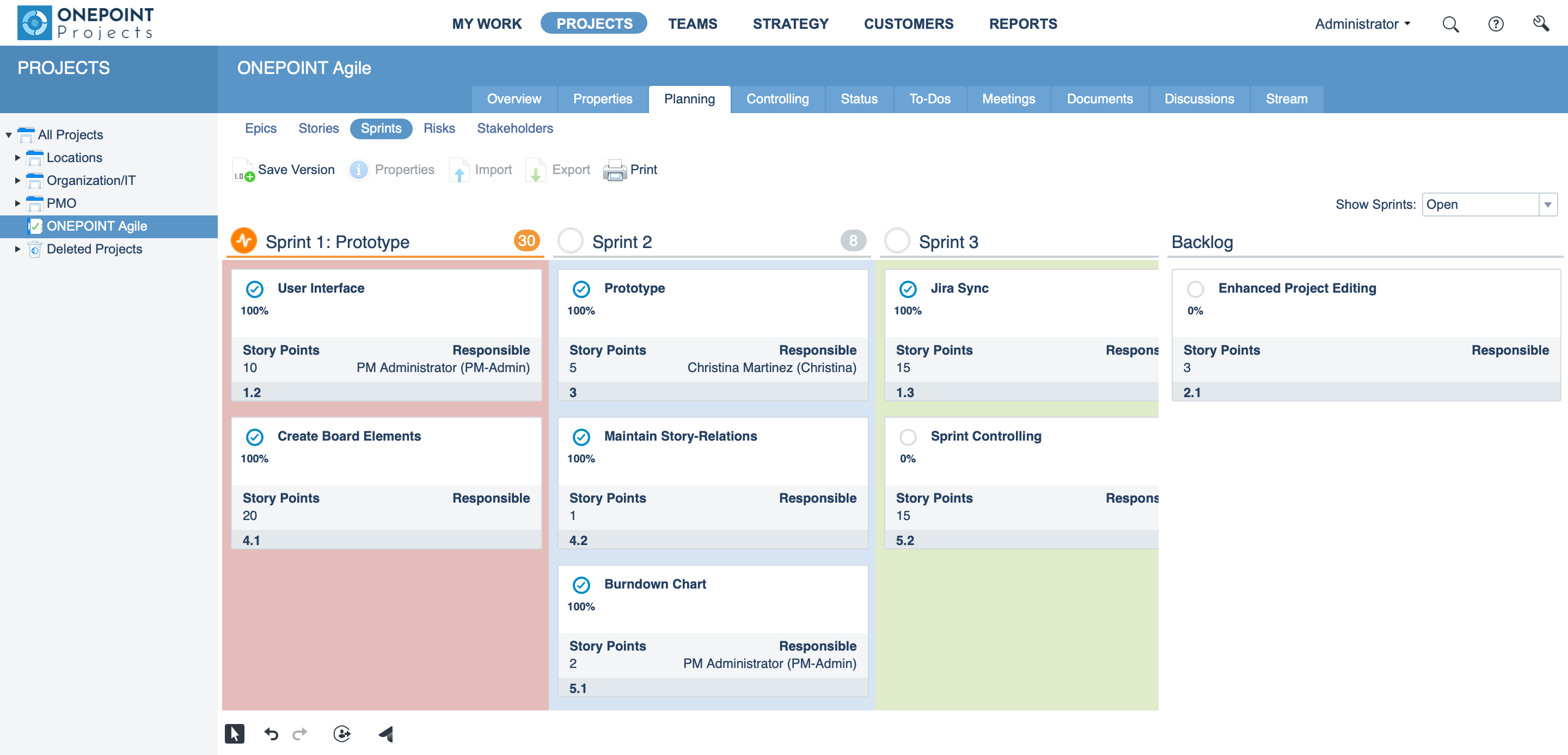 Zusätzlich zu einer Jira-Schnittstelle bietet ONEPOINT Projects auch eingebaute Funktionen für agiles Projektmanagement