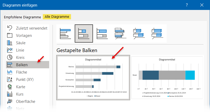 Die dunkelblauen Balkensegmente in der Vorschau werden für das Gantt-Diagramm benötigt