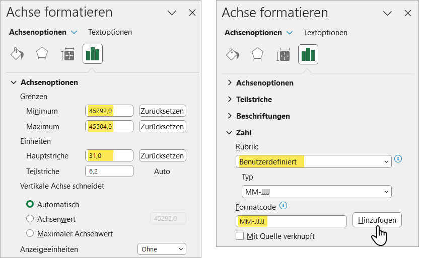 Die Einstellungen zum Skalieren der Zeitachse und zum Kürzen der Datumsangaben