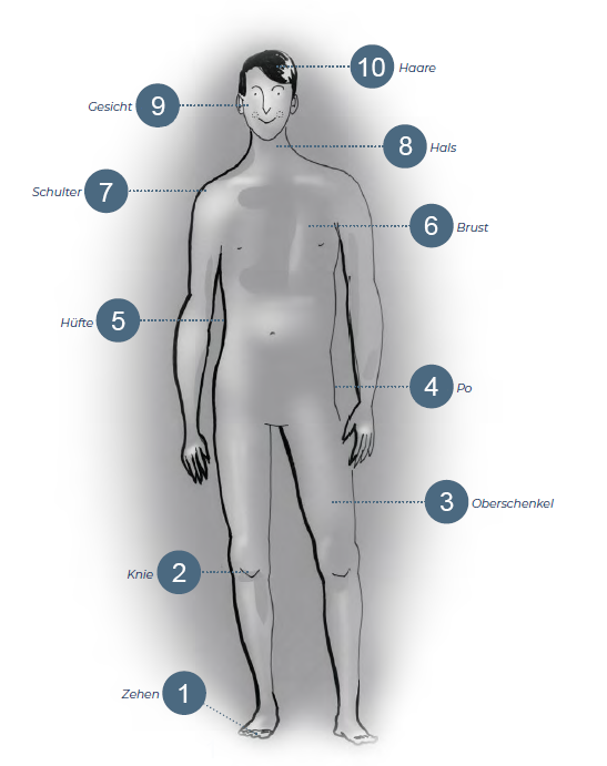 Visualisierungsbeispiel der Körperliste mit entsprechender Nummerierung der Körperteile. Copyright: Markus Hof-mann/Einfach unvergesslich Box