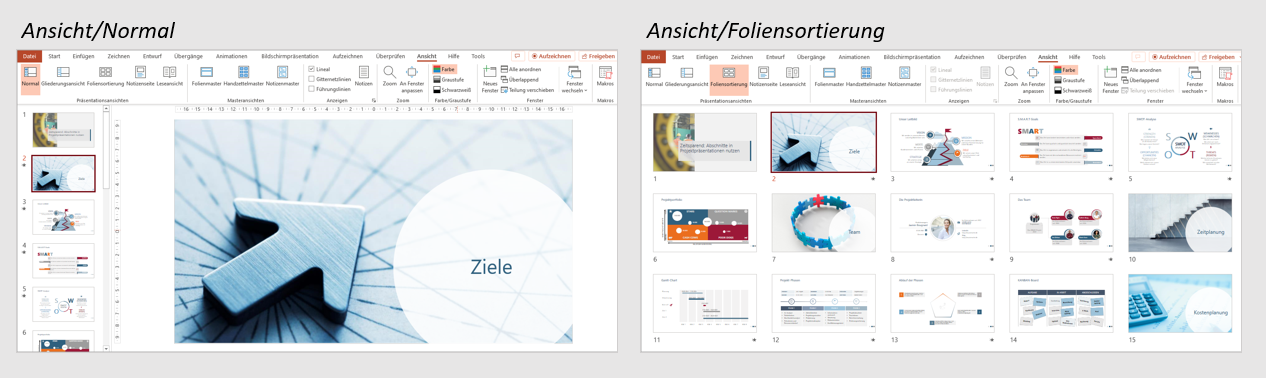 Das Zuweisen von Abschnitten erledigen Sie entweder in der Ansicht Normal oder in der Ansicht Foliensortierung