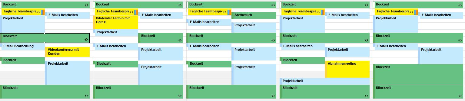 Mit Outlook erstellter Wochenkalender. Zeiten privater Aktivität sind grün eingefärbt und einheitlich als "Blockzeit" gekennzeichnet.