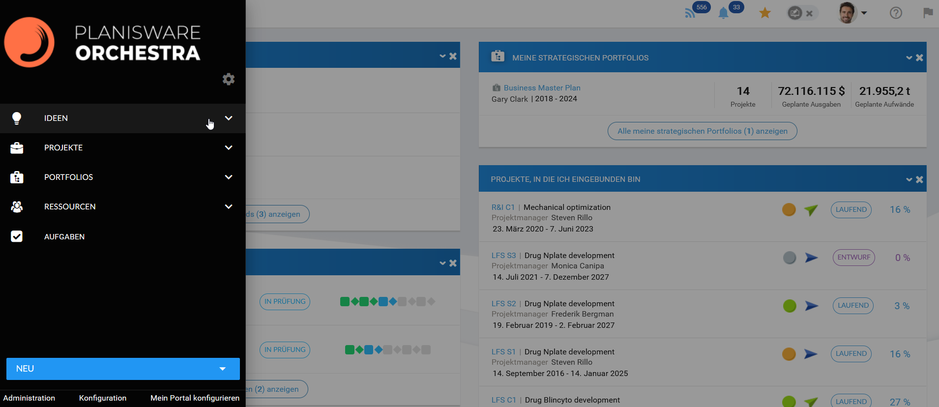 Über das Hauptmenü erreicht man die einzelnen Programm-Module