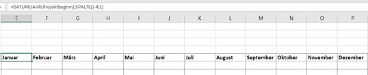 Bild 3: Monatsreihe über die Formel =DATUM(Jahr;Monat;Tag) erstellen.
